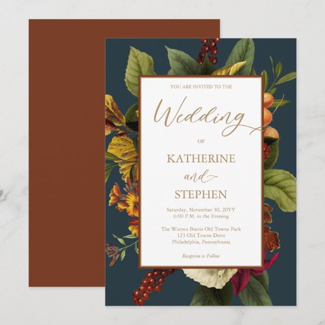 Invitación Naranja ruso | Boda Verde azulado Red Floral Bouqu (Anverso / Reverso)