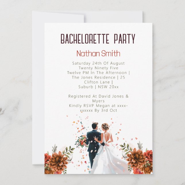 Invitación Naranja ruso Boho atardecer Bachelorette Party (Anverso)