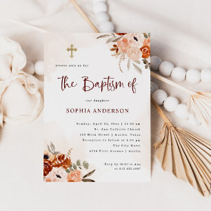 Invitación Naranja ruso Boho   Bautismo acuarela