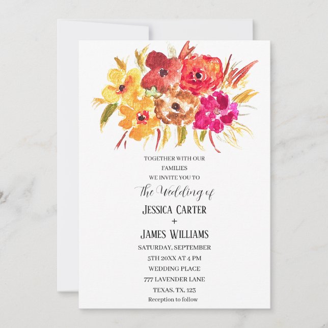 Invitación Naranja ruso caída Boho Bohemian Boda floral (Anverso)