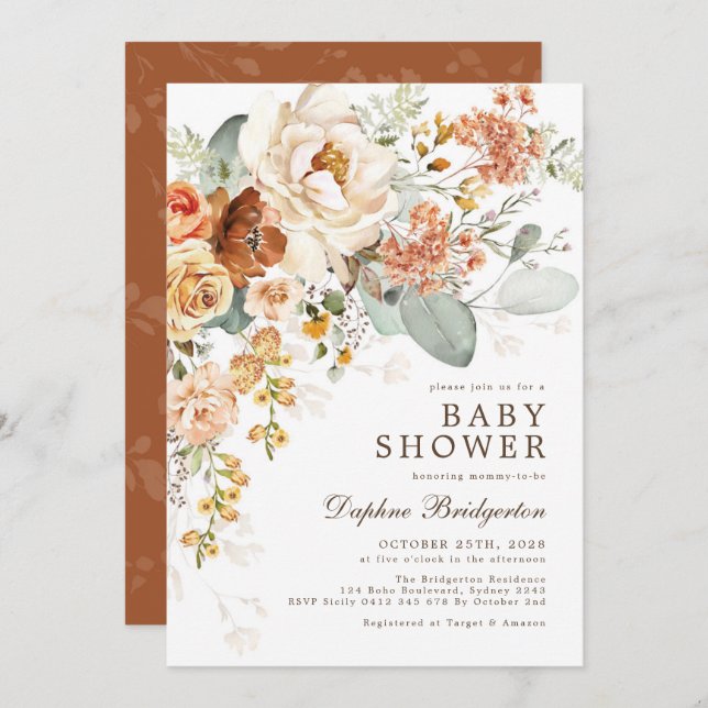 Invitación Naranja ruso quemado de Boho cream Floral Baby Sho (Anverso / Reverso)