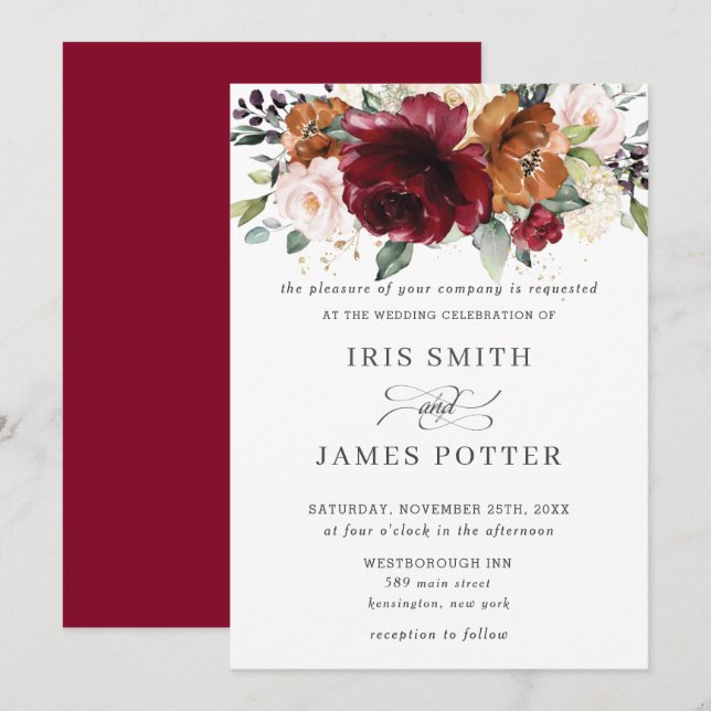 Invitación Naranja ruso quemado en Borgoña, Boda floral de Ru (Anverso / Reverso)