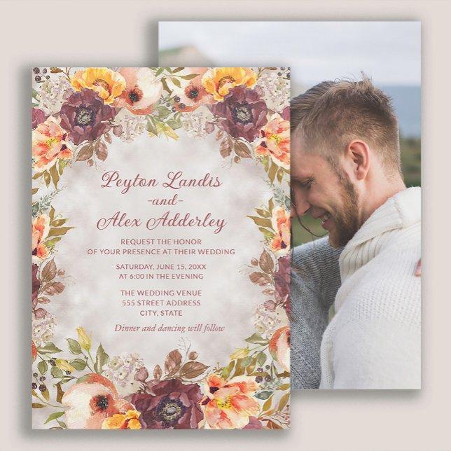Invitación Naranja Rust Fall Autumn Floral Photo Boda (Rust and orange watercolor floral fall wedding photo invitation)