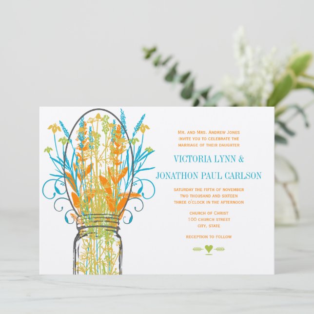 Invitación Naranja Rústica Mason Jar Yellow Lime Aqua Boda (Anverso de pie)