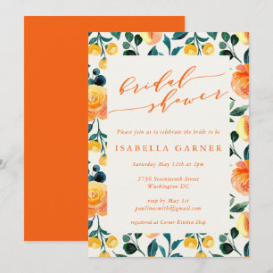 Invitación Naranja rústico acuarela ducha de novia botánica
