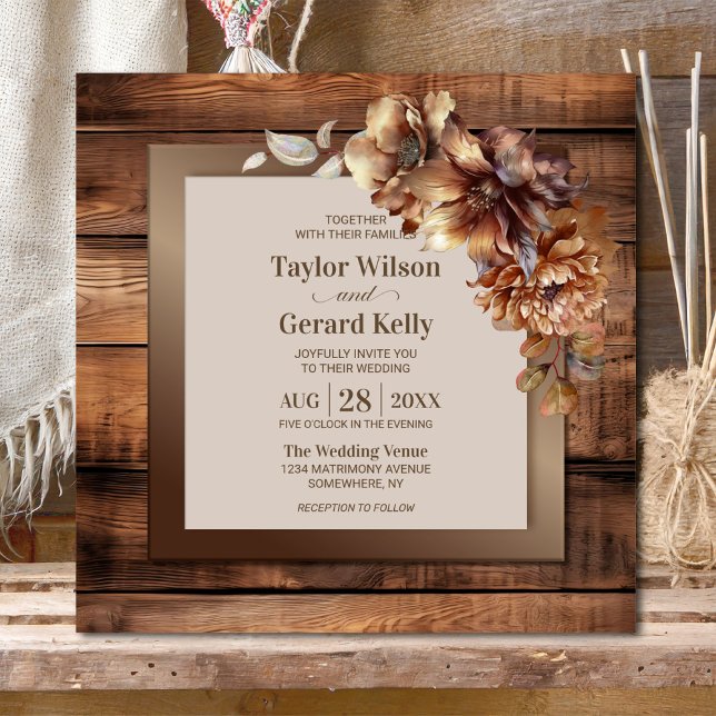 Invitación Naranja Rústico Boda de Madera Floral (Subido por el creador)