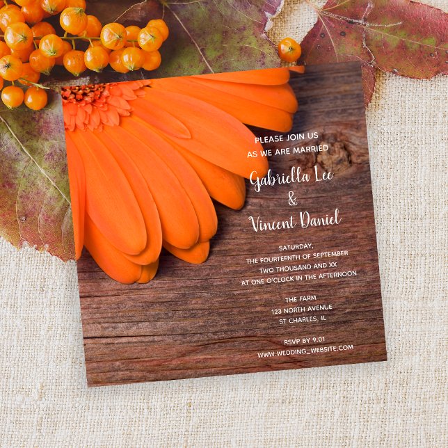 Invitación Naranja Rústico Daisy y Barn Wood Country Wedding (Subido por el creador)