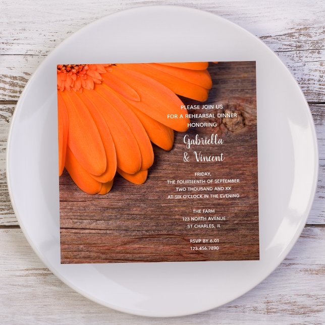 Invitación Naranja Rústico Daisy y el ensayo de la madera de  (Subido por el creador)
