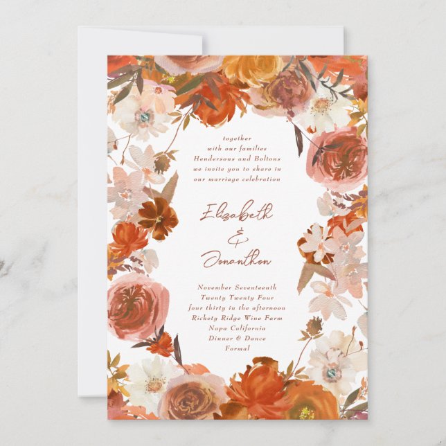 Invitación Naranja rústico Floral Boho Frame Bouquet Boda (Anverso)
