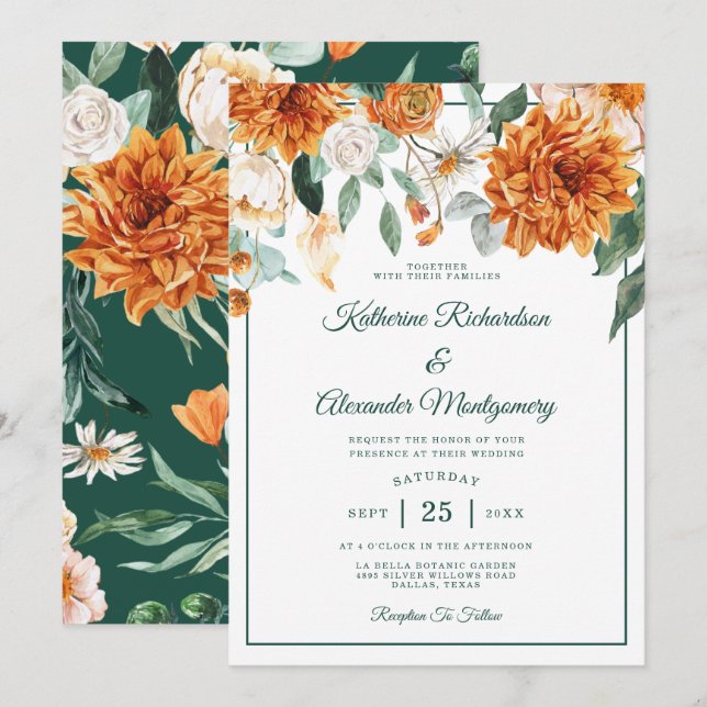 Invitación Naranja Rústico Floral Quemado Elegante Boda de Ca (Anverso / Reverso)