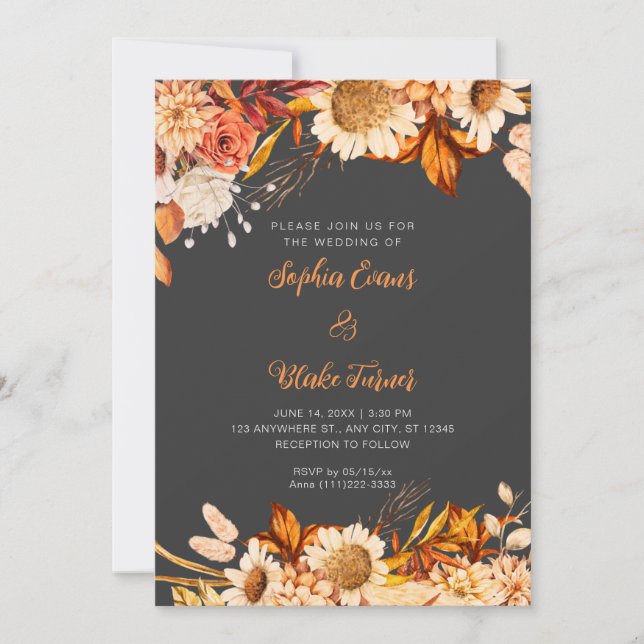 Invitación Naranja Rústico Flores Blancas Boho Gray Boda (Anverso)