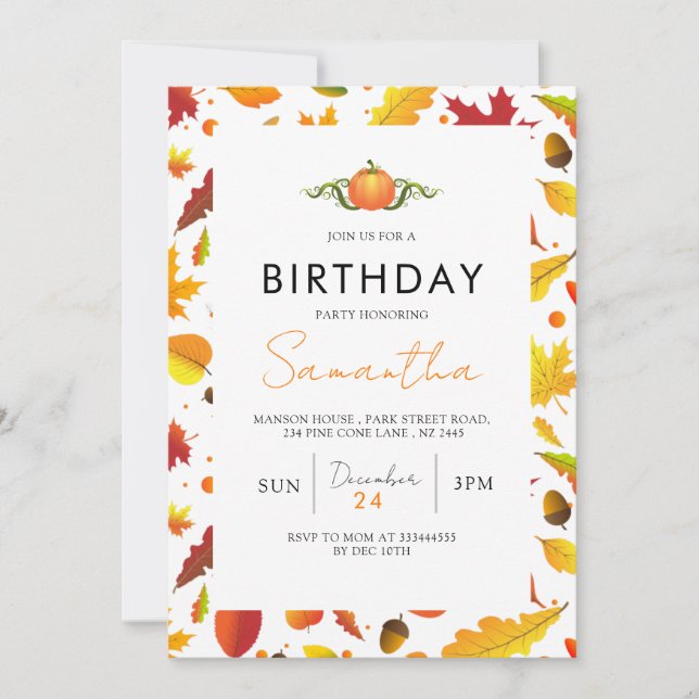 Invitación Naranja Rústico Otoño Fall Cumpleaños (Anverso)