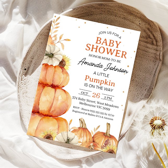 Invitación Naranja Rústico Pequeña Calabaza Baby Shower (Fall Little Pumpkin Baby Shower Invitation, Gender Neutral Stacked Pumpkins, Sunflower, Autumn Baby)