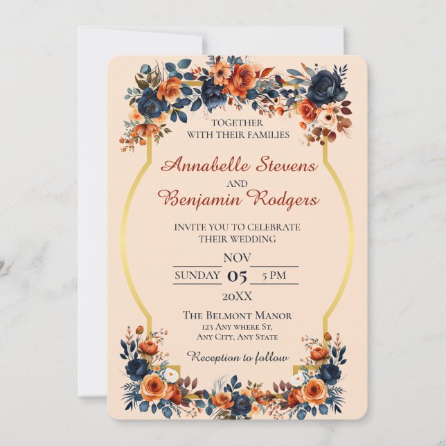 Invitación Naranja Rústico Quemado y Boda Azul (Anverso)