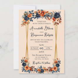 Invitación Naranja Rústico Quemado y Boda Azul