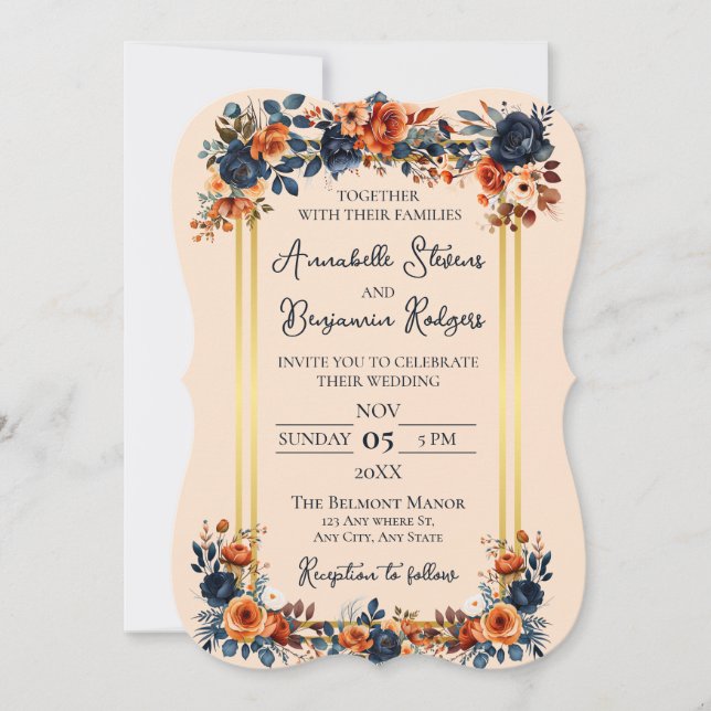 Invitación Naranja Rústico Quemado y Boda Azul (Anverso)
