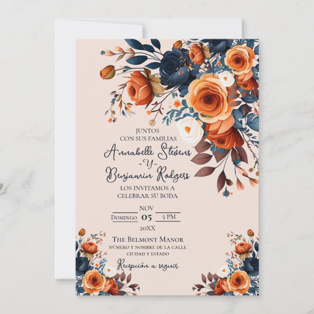 Invitación Naranja Rústico Quemado y Boda Español Azul (Anverso)