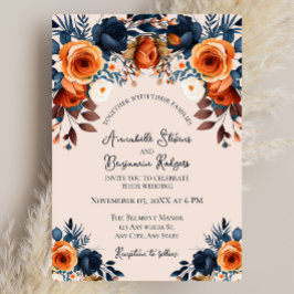 Invitación Naranja Rústico Quemado y Boda Floral Azul