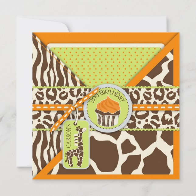 Invitación Naranja Safari Giraffe y Pastel Segundo Cumpleaños (Anverso)