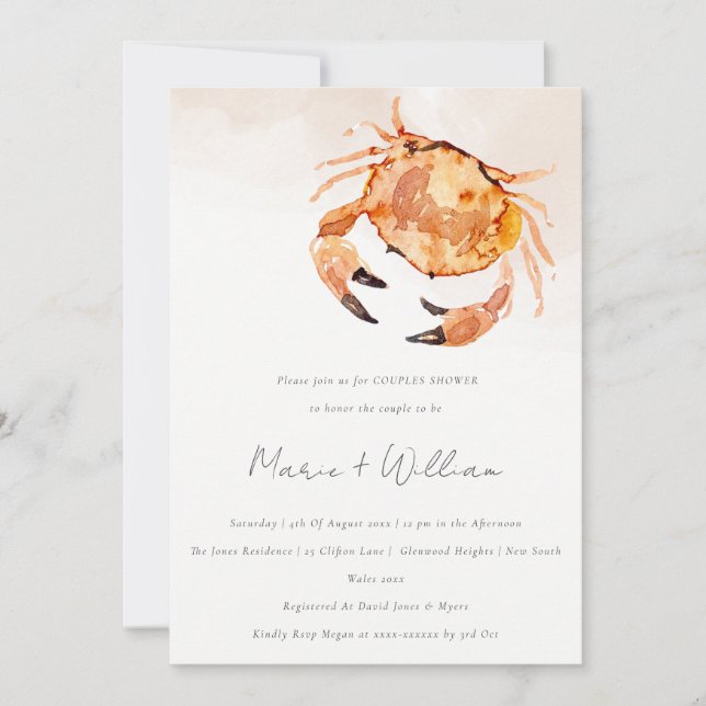 Invitación Naranja Sand Coastal Crab Ducha de Parejas Náutica (Anverso)