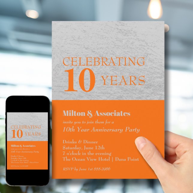 Invitación Naranja Silver de celebración de aniversario de ne (Change to ANY YEAR. Order printed and instant download (great to email as a reminder.))