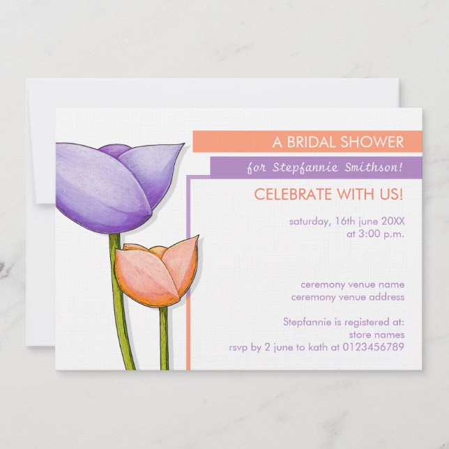 Invitación naranja simple flores moradas Invitan a la ducha n (Anverso)