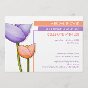 Invitación naranja simple flores moradas Invitan a la ducha n