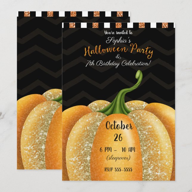 Invitación Naranja Sparkle Pumpkin Halloween Fiesta de cumple (Anverso / Reverso)