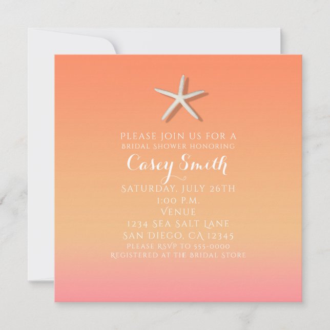 Invitación Naranja Starfish & Pink Beach Summer Bridal (Anverso)