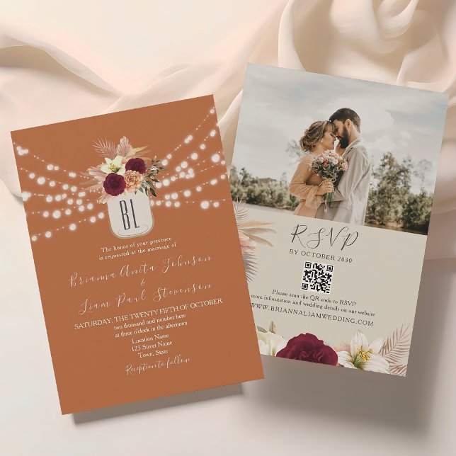 Invitación Naranja String Lights Floral Boda QR Code (Subido por el creador)