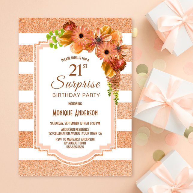 Invitación Naranja Striped Floral Surprise 21ª Fiesta de cump (Subido por el creador)