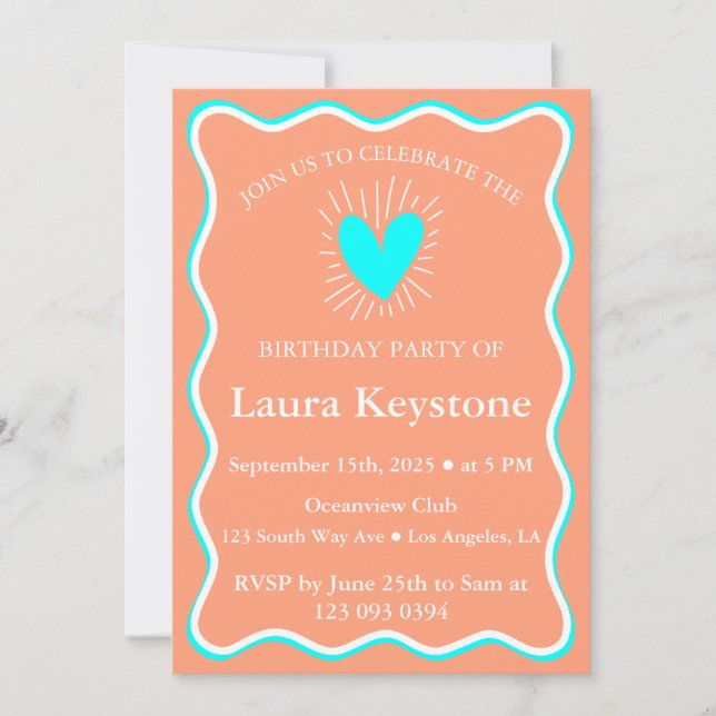 Invitación Naranja suave moderno, Aqua y cumpleaños blanco (Anverso)