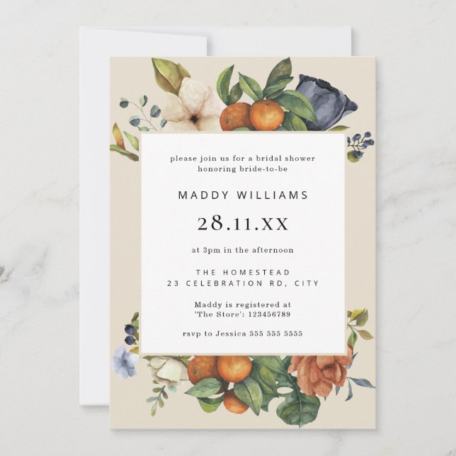 Invitación Naranja Summer Floral Botanical Boho Bridal Shower (Anverso)