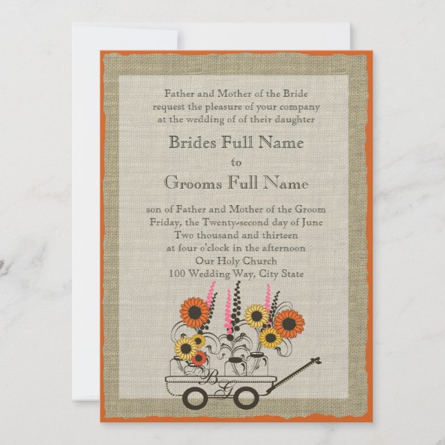 Invitación Naranja Sunflower Country Wagon Boda (Anverso)