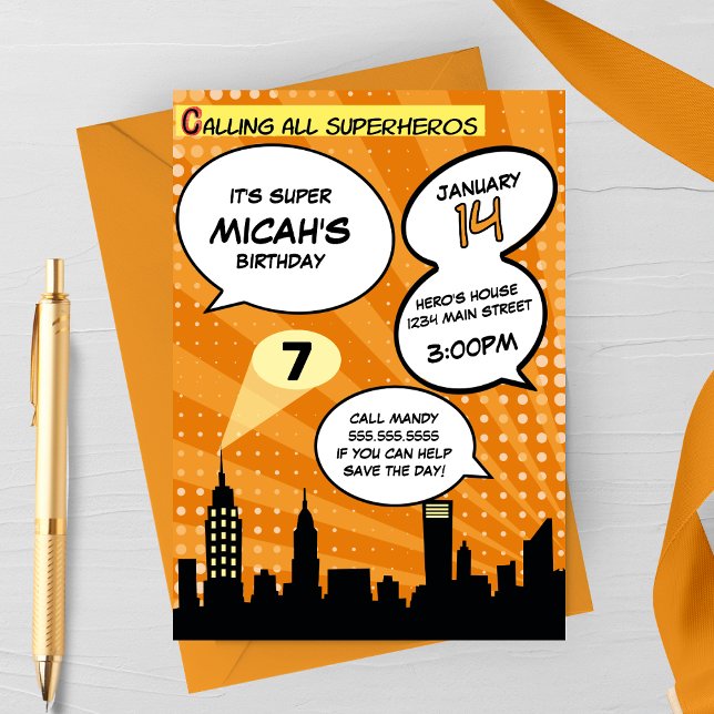 Invitación Naranja Superhéroes Comic Book Styling Birthday Pa (Subido por el creador)