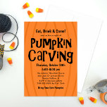 Invitación Naranja tallador de calabaza y fiesta de Halloween<br><div class="desc">Las elegantes invitaciones a comer, beber y tallar marcan la tónica de un divertido fiesta tallador de calabaza. La invitación presenta un fondo de calabaza naranja con un título tallado en negro y texto personalizado. La parte posterior de la tarjeta presenta un patrón de calabazas de linternas de jack o'....</div>