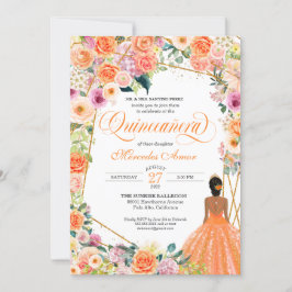 Invitación Naranja Tangerine Peach Rubor Rosas Quinceanera