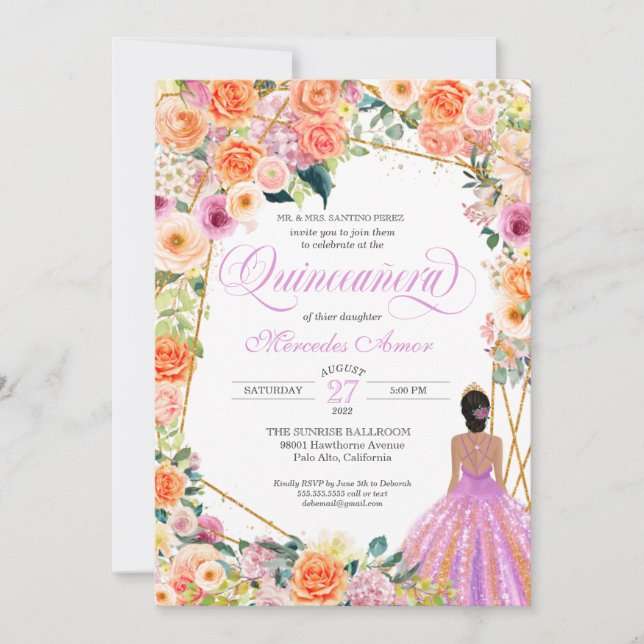 Invitación Naranja Tangerino Peach Rubor Rosas Quinceanera In (Anverso)