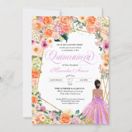 Invitación Naranja Tangerino Peach Rubor Rosas Quinceanera In