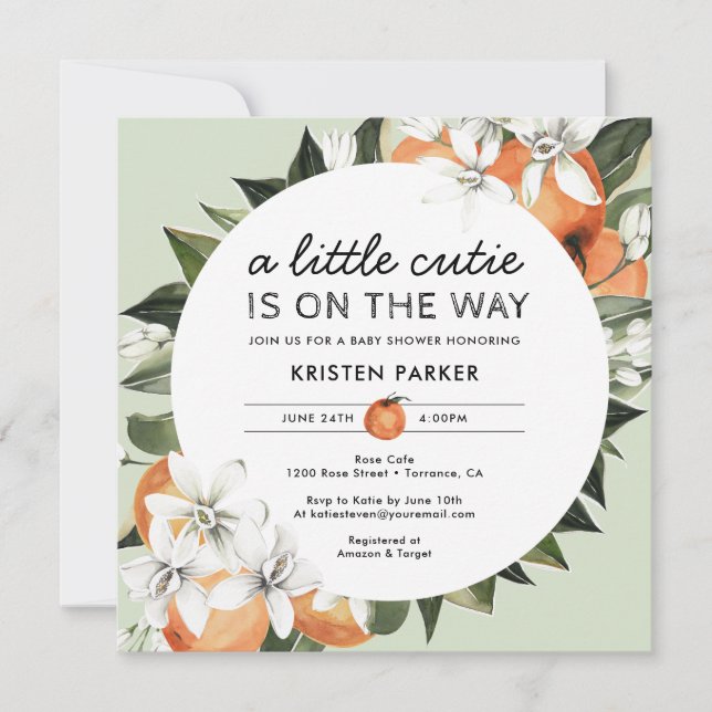 Invitación Naranja Tema Pequeño Cutie Baby Shower (Anverso)