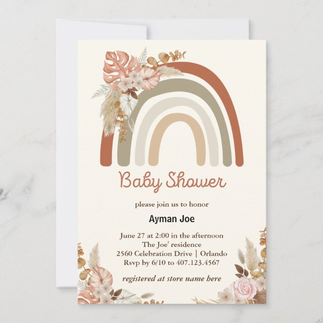Invitación Naranja Terracotta Boho | Baby Shower arcoiris (Anverso)