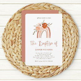 Invitación Naranja Terracotta Boho | Bautismo arcoiris