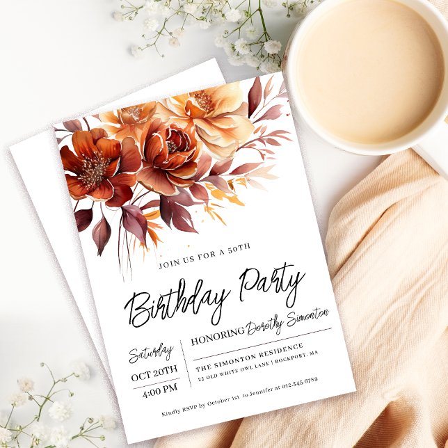 Invitación Naranja Terracotta Flores de otoño 50 cumpleaños (Need a matching fall floral Welcome Sign? Message me!)