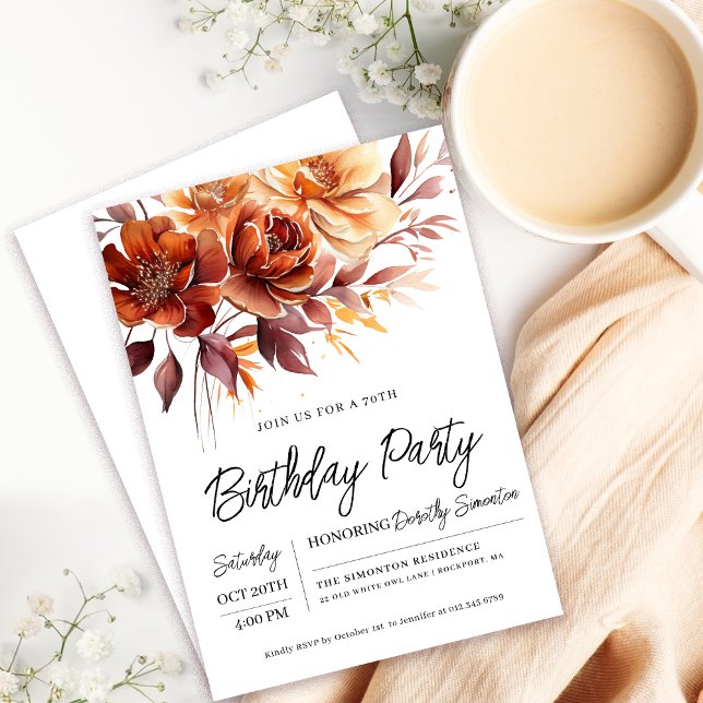 Invitación Naranja Terracotta Flores de otoño 70 cumpleaños (Need a matching fall flowers Welcome Sign? Message me!)