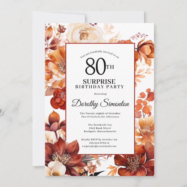 Invitación Naranja Terracotta Flores de Otoño Cumpleaños 80 (Anverso)