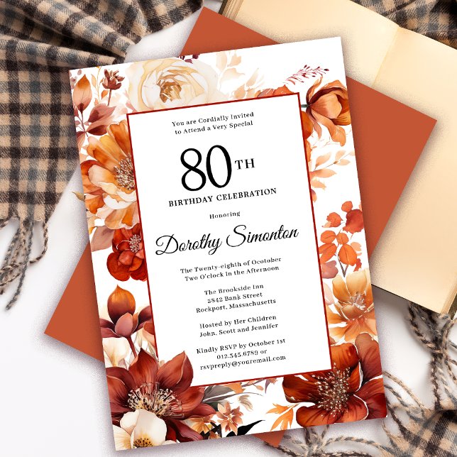 Invitación Naranja Terracotta Flores de Otoño Cumpleaños 80 (Need a matching autumn floral Welcome Sign? Message me! Party supplies available too!)