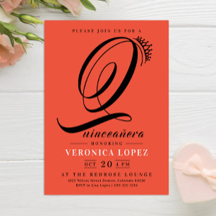 Invitación Naranja Tiara Moderno Rojo 15 Fiesta de Quinceañer