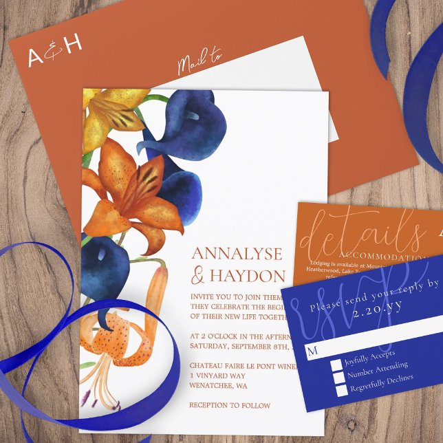 Invitación Naranja Tiger Lilies, Boda Calla Lilly Azul oscuro (orange gold royal blue fall floral wedding invitations, tiger lily calla lilies fall season flowers)