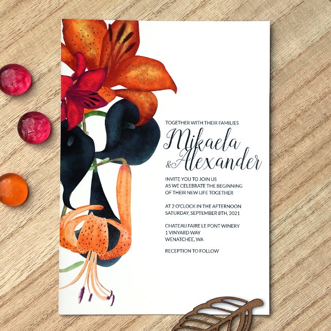 Invitación Naranja Tigre, Marina, Magenta Azul Matrimonio de  (Orange, Blue, Magenta Fall Tiger Lilies, Calla Lilies Wedding Invitations)