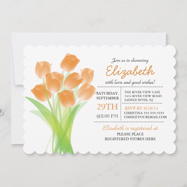 Invitación Naranja tipográfico moderno Tulip Bridal Shower (Anverso)
